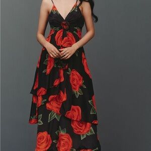 FARM Rio Black Maxi Dress with Red Floral Design (v-neck rosette)